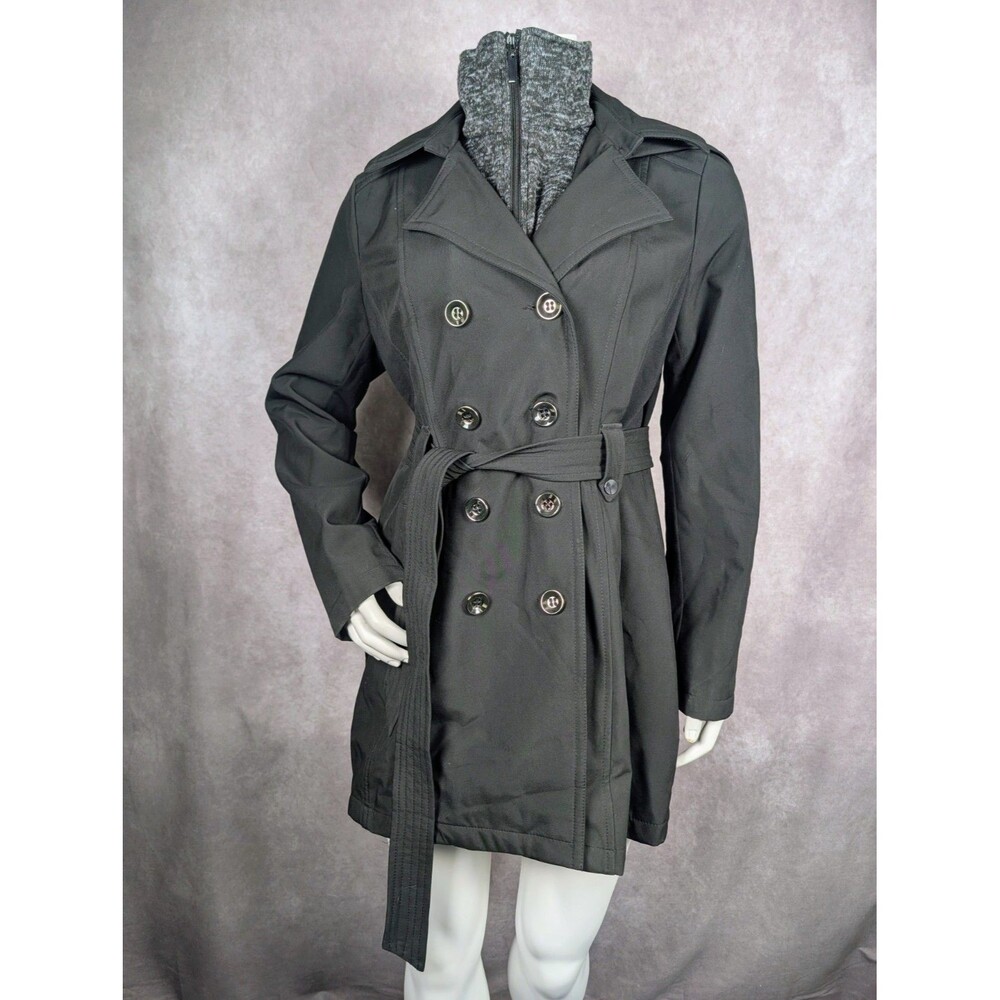 Sebby Collection Women’s Black Hooded Belted Trench Coat Button Down Pockets L